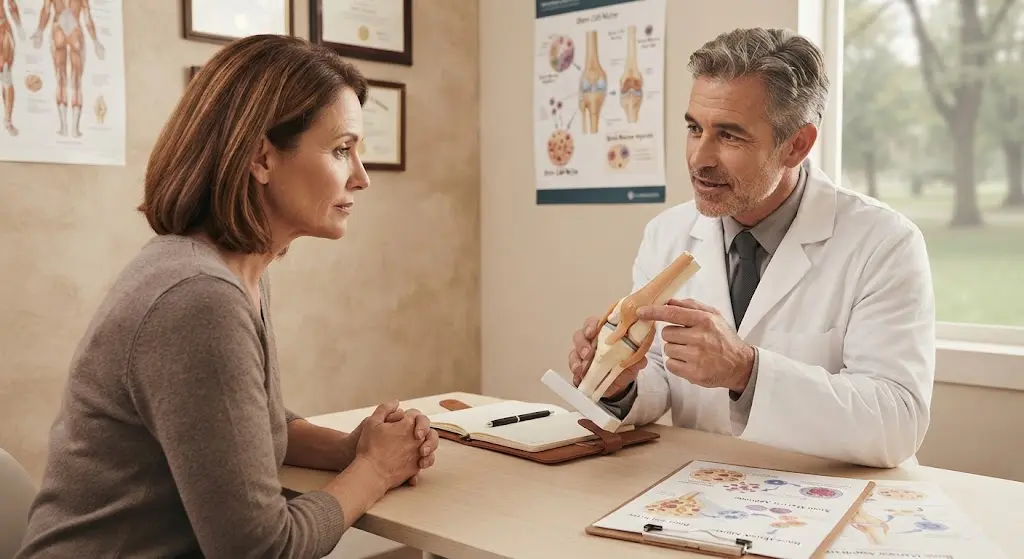 Doctor explaining a knee joint model to a female patient during a medical consultation, with anatomical charts in the background