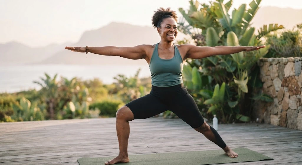 Regenerative Medicine 4 Smiling woman practicing Warrior II yoga pose on an outdoor deck overlooking the ocean and mountains.