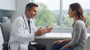 Doctor in a white coat discussing non-surgical treatment options with a female patient during a medical consultation.