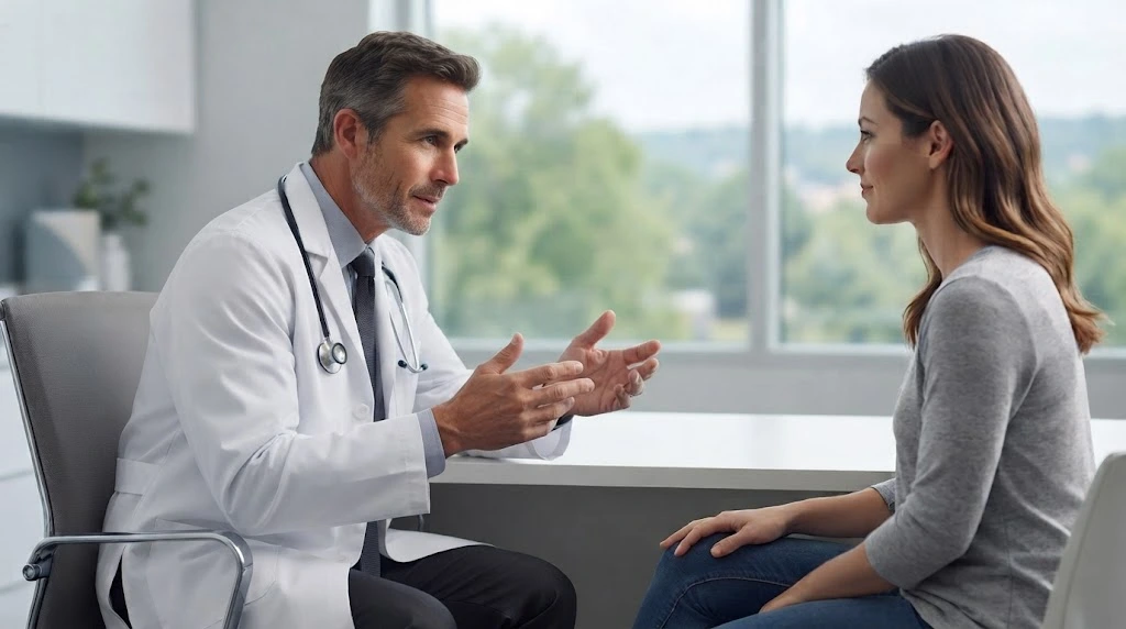 Doctor in a white coat discussing non-surgical treatment options with a female patient during a medical consultation.