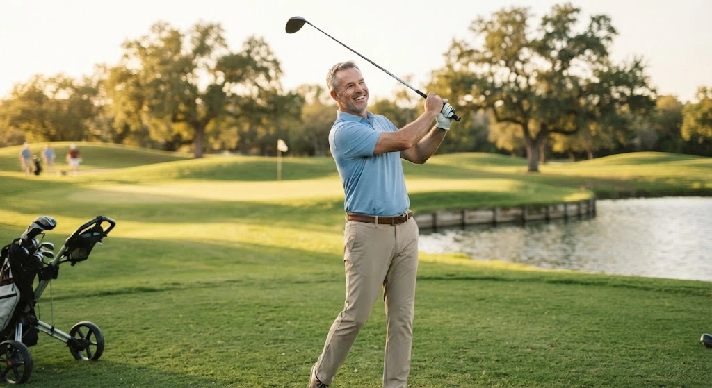 Smiling middle-aged man swinging a golf club on a sunny golf course beside a pond, with a golf bag nearby.